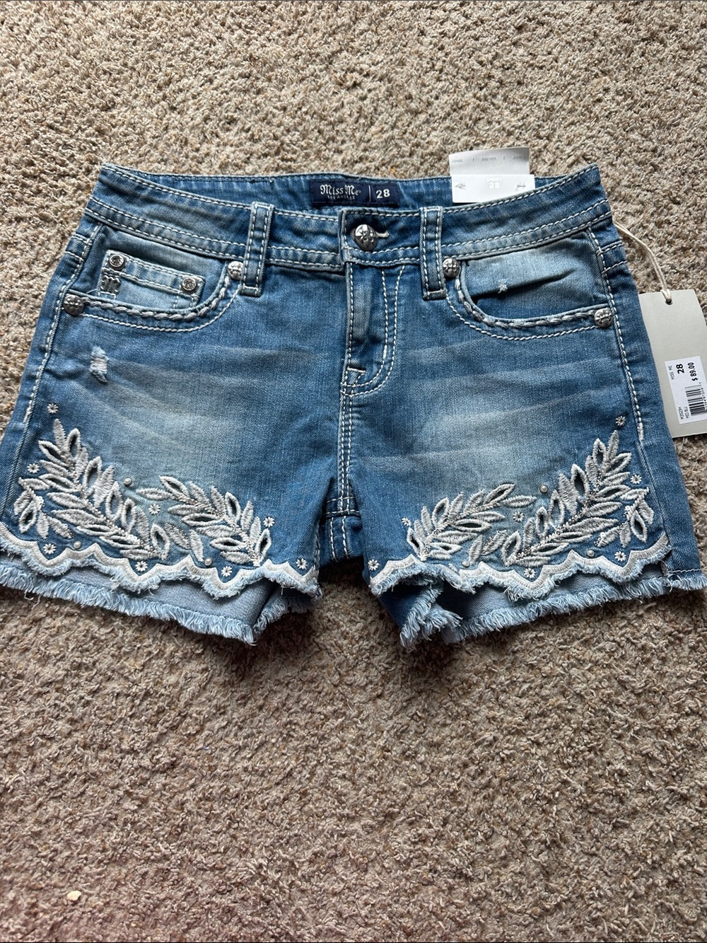 Miss Me Medium Blue Denim Shorts with White Leaf Embroidery